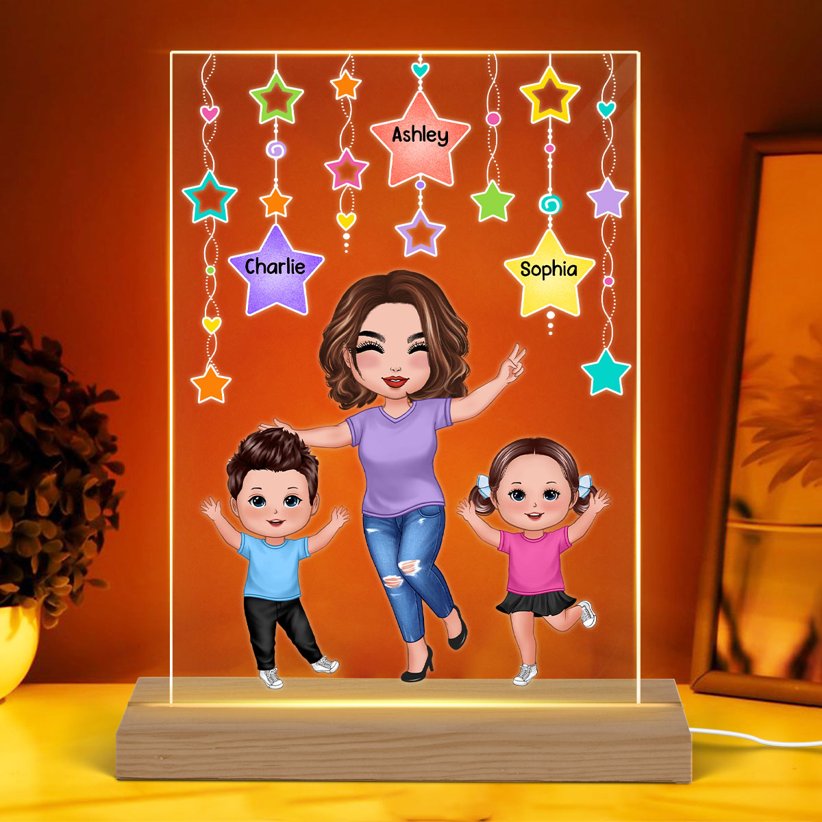 Star Strings Happy Doll Grandma Mom And Kids Personalized Rectangle Acrylic Plaque LED Night Light