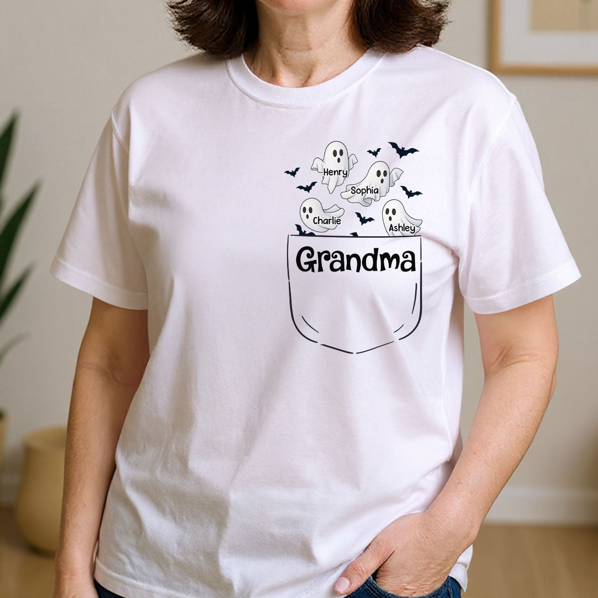 Grandma Cute Ghost and Bat Halloween In Pocket Effect Personalized Shirt
