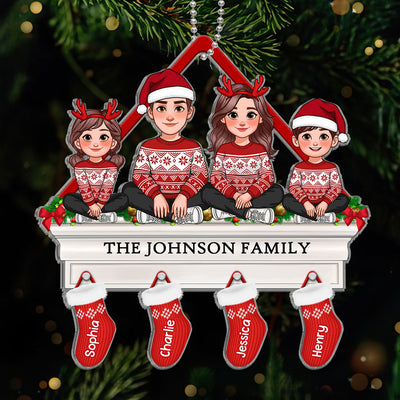 Family Sitting On Christmas Mantel With Stocking Personalized Acrylic Ornament