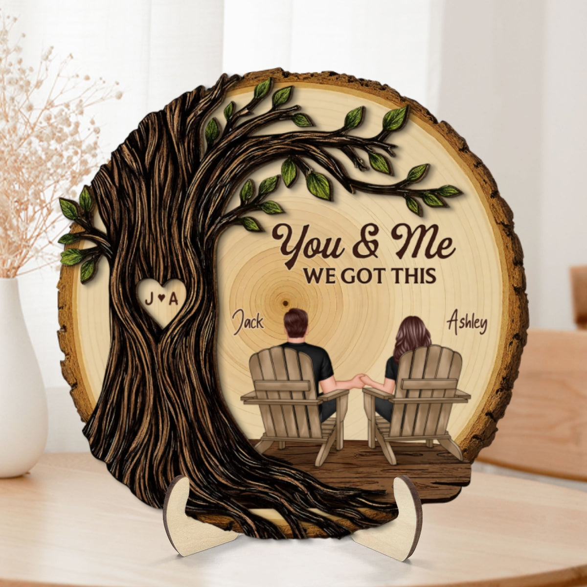 Couple Sitting Under Heart Carved Tree - Personalized 2-Layered Wooden Plaque - Valentine's Day Gift For Couple
