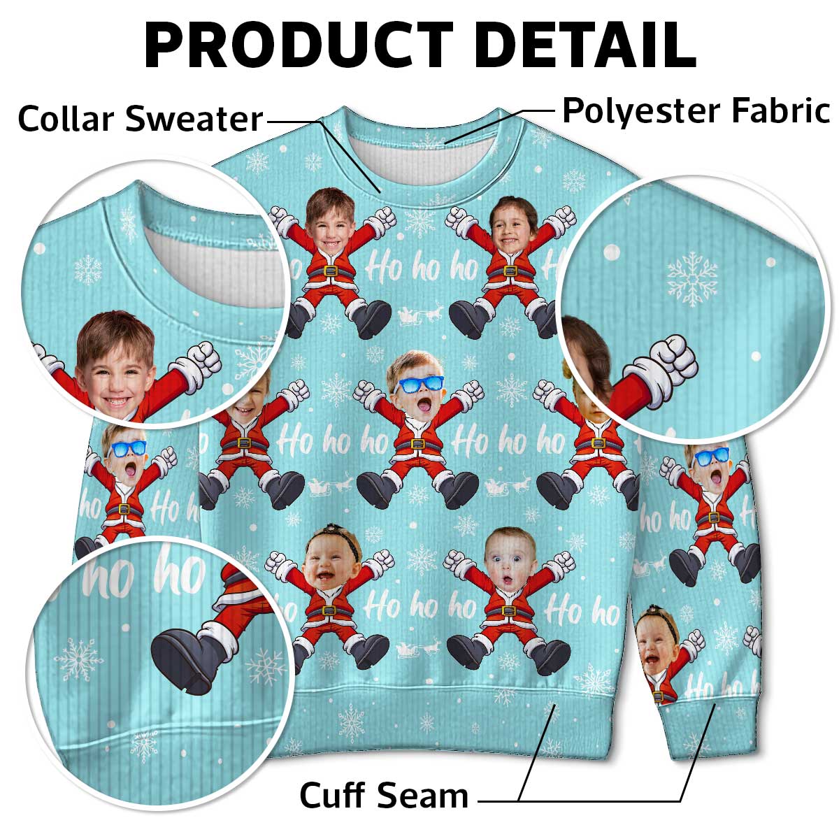 Ho Ho Ho Family Photo Upload Funny Christmas Personalized Faux Knit Ugly Sweater