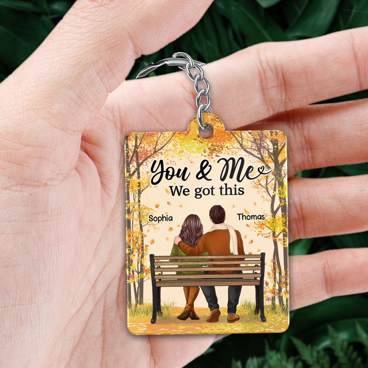 Fall Season Couple Sitting Back View Favorite Song QR Code Personalized Acrylic Keychain