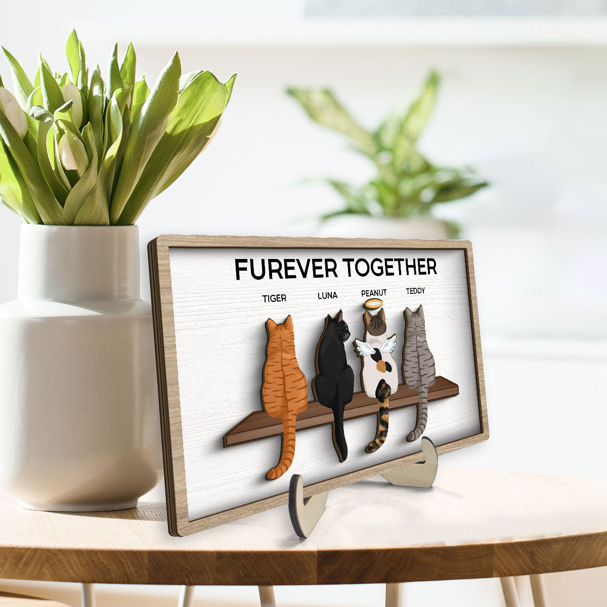 Furever Together Cat Portrait Prints Cats On A Shelf Personalized 2-Layer Wooden Plaque