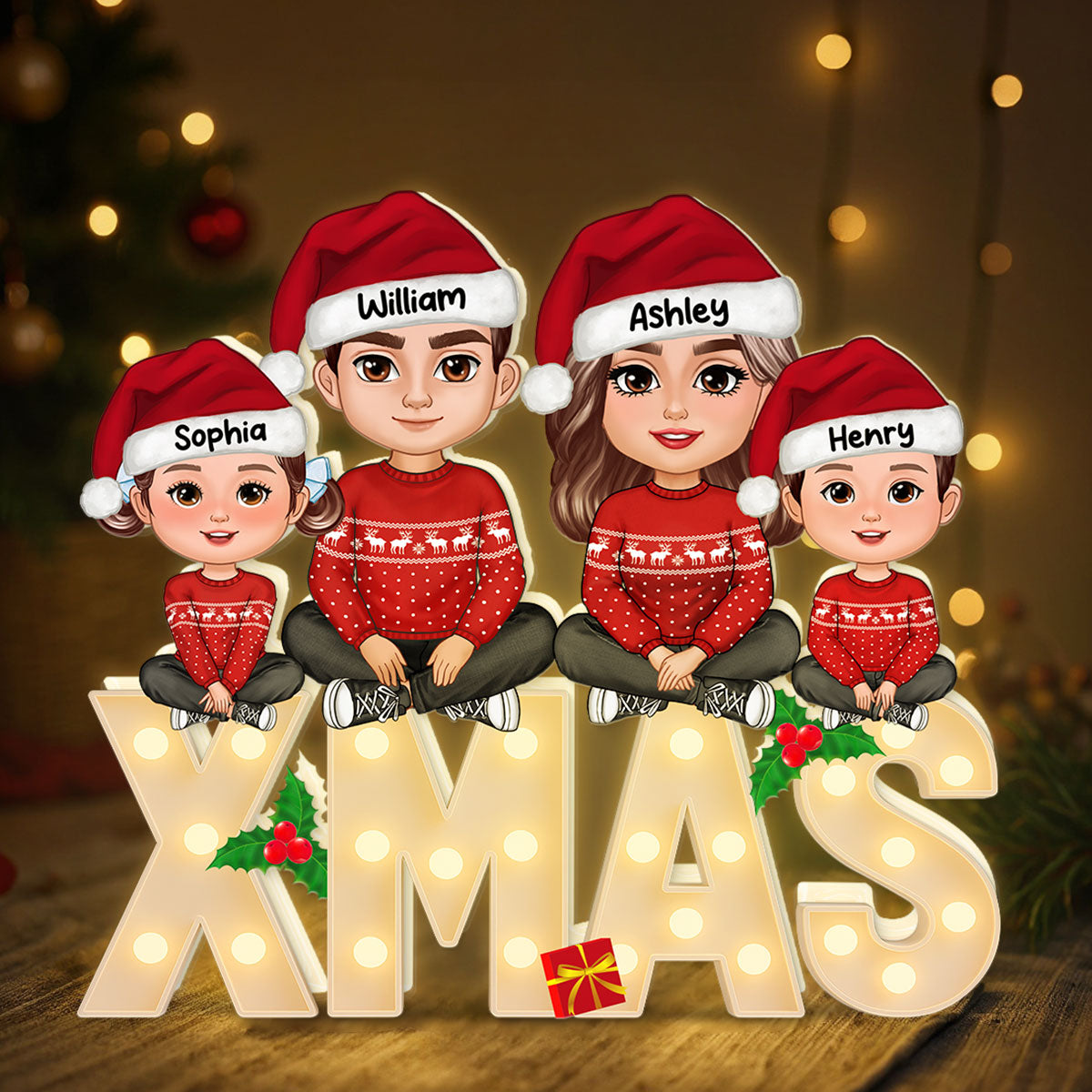 Family Sitting On Marquee Effect Letter Personalized LED Light Box, Christmas Decor For Family