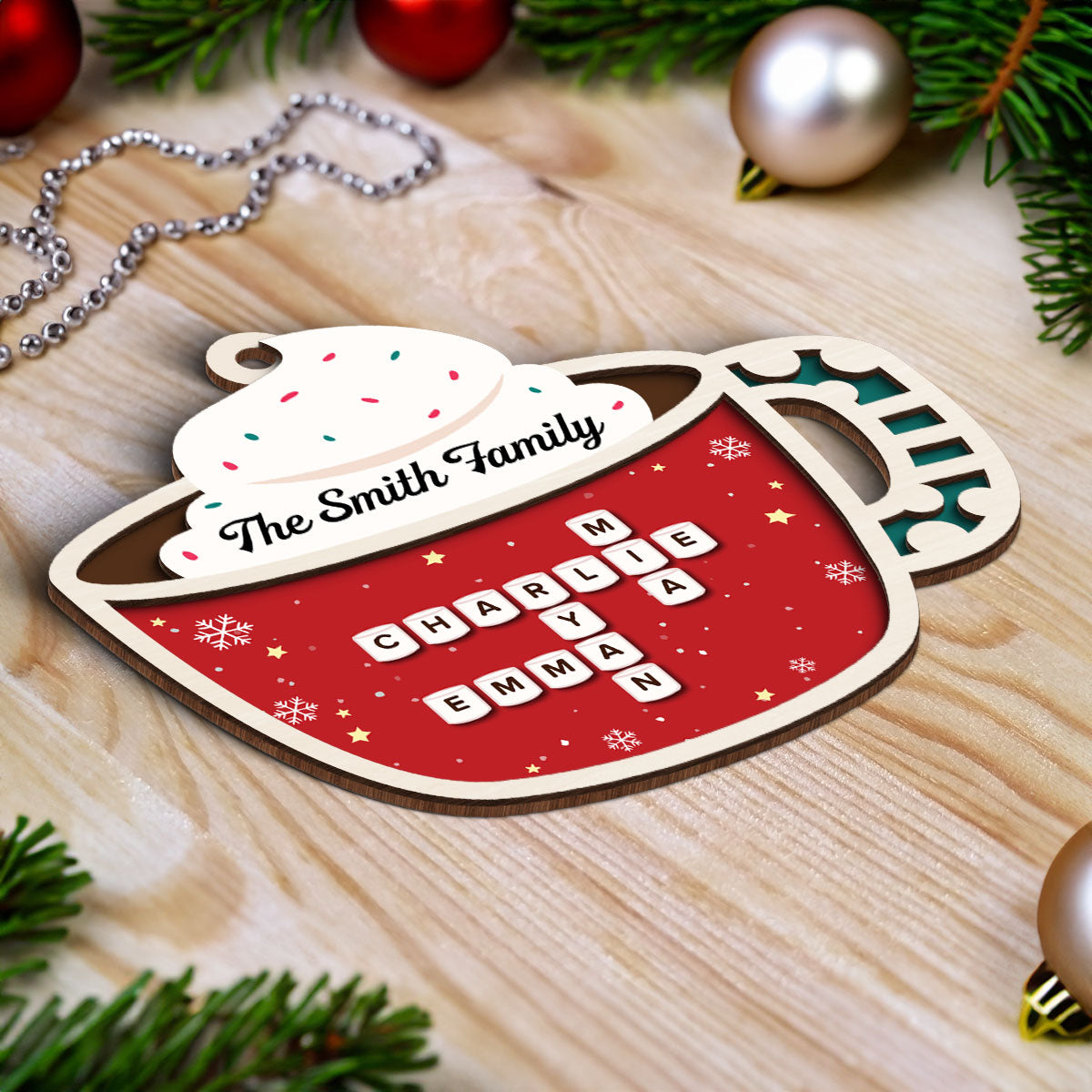 Family Marshmallow In Hot Cocoa Crossword 2-Layered Wooden Ornament, Personalized Christmas Ornament, Unique Decoration For Family