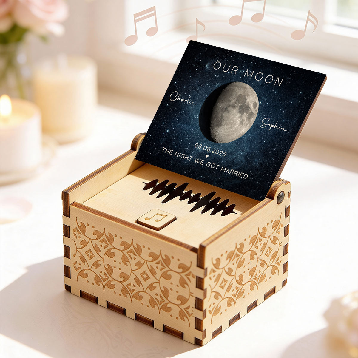 Our Moon Custom Moon Phase & Favorite Song - Personalized Wooden Music Box - Valentine's Day Gift For Him, Gift For Her