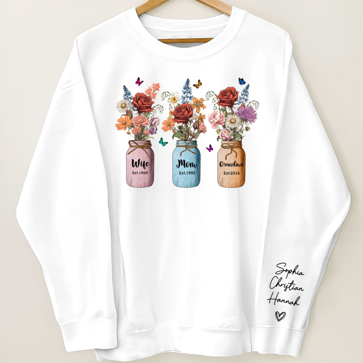 Wife Mom Grandma Vintage Birth Month Flowers Personalized Sleeve Printed Sweatshirt