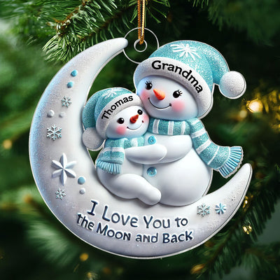 3D Effect Snowman Grandma & Hugging Grandkid On The Moon - Personalized Acrylic Ornament - Gift For Granddaughter, Grandson