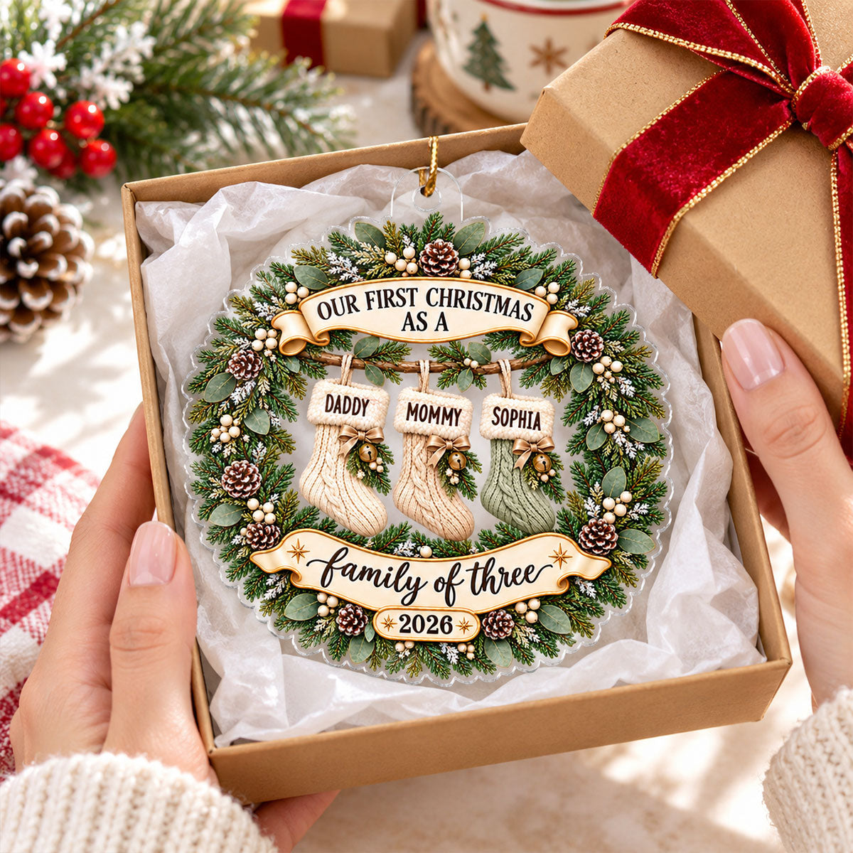Heartwarming Christmas Wreath Stockings Our First Christmas As Family Of Three - Personalized Acrylic Ornament - Christmas Keepsake, Gift For New Mom, New Dad, New Parents