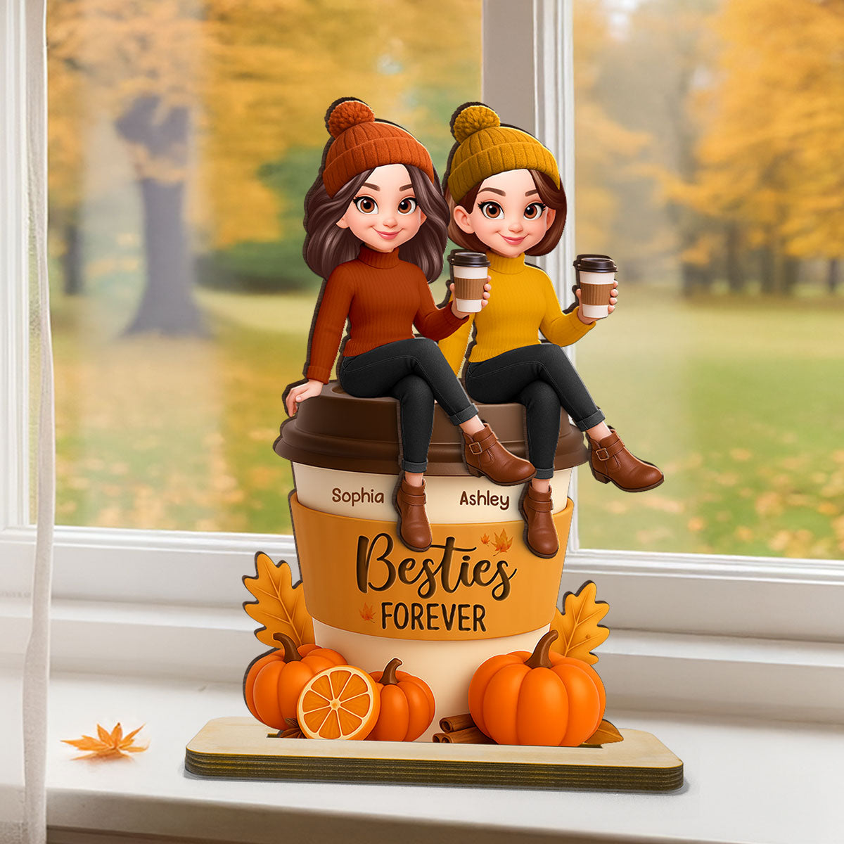 Fall Season Besties Sitting On Pumpkin Spice Latte Personalized Standing Wooden Plaque