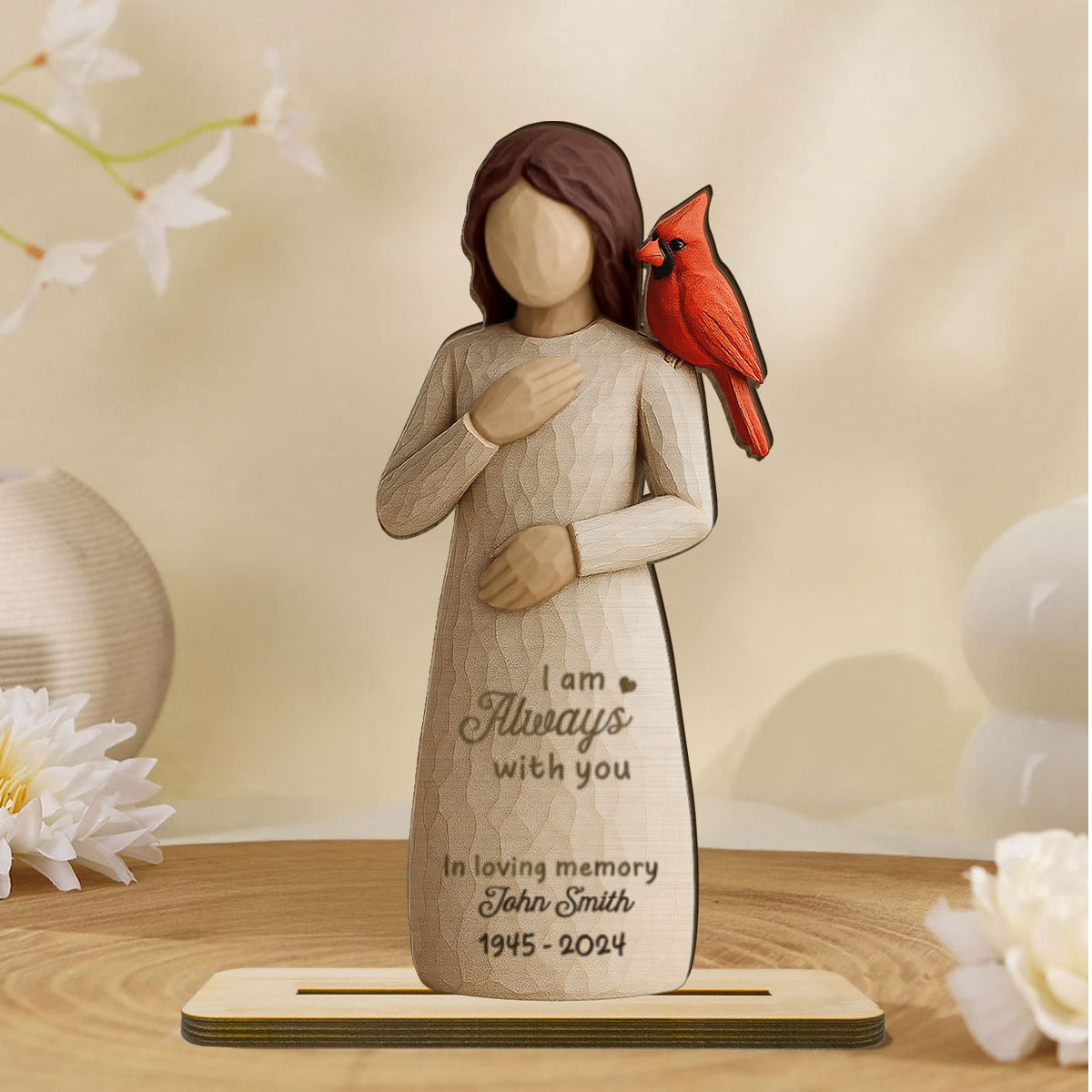 Always With You Cardinal & Woman 3D Effect Personalized Standing Wooden Plaque, Memorial Sympathy Gift