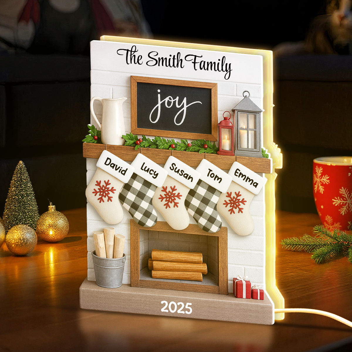 2025 Large Family Fireplace Mantle Tree Home Stocking Stuffer Christmas Gift Personalized LED Light Box