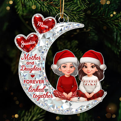 3D Effect Flat Mom And Daughter Son Sitting On Moon - Personalized Acrylic Ornament - Gift For Mom, Daughter, Son