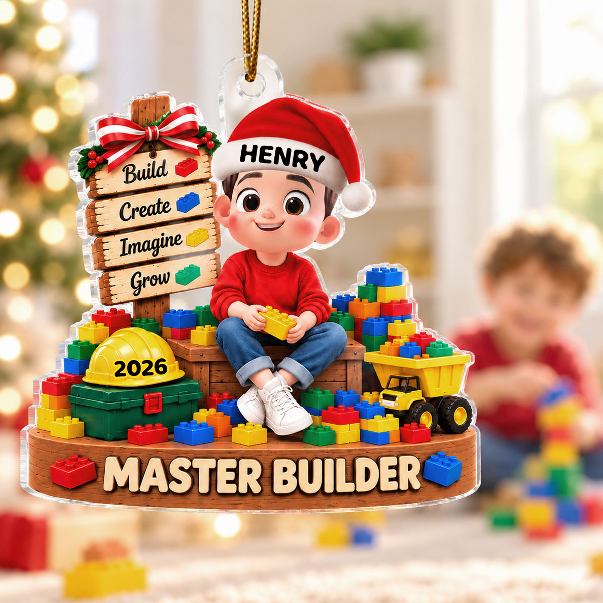 Little Cute Kid Master Builder - Personalized Acrylic Ornament - Christmas Gift For Kids, Son, Grandson, Daughter, Granddaughter