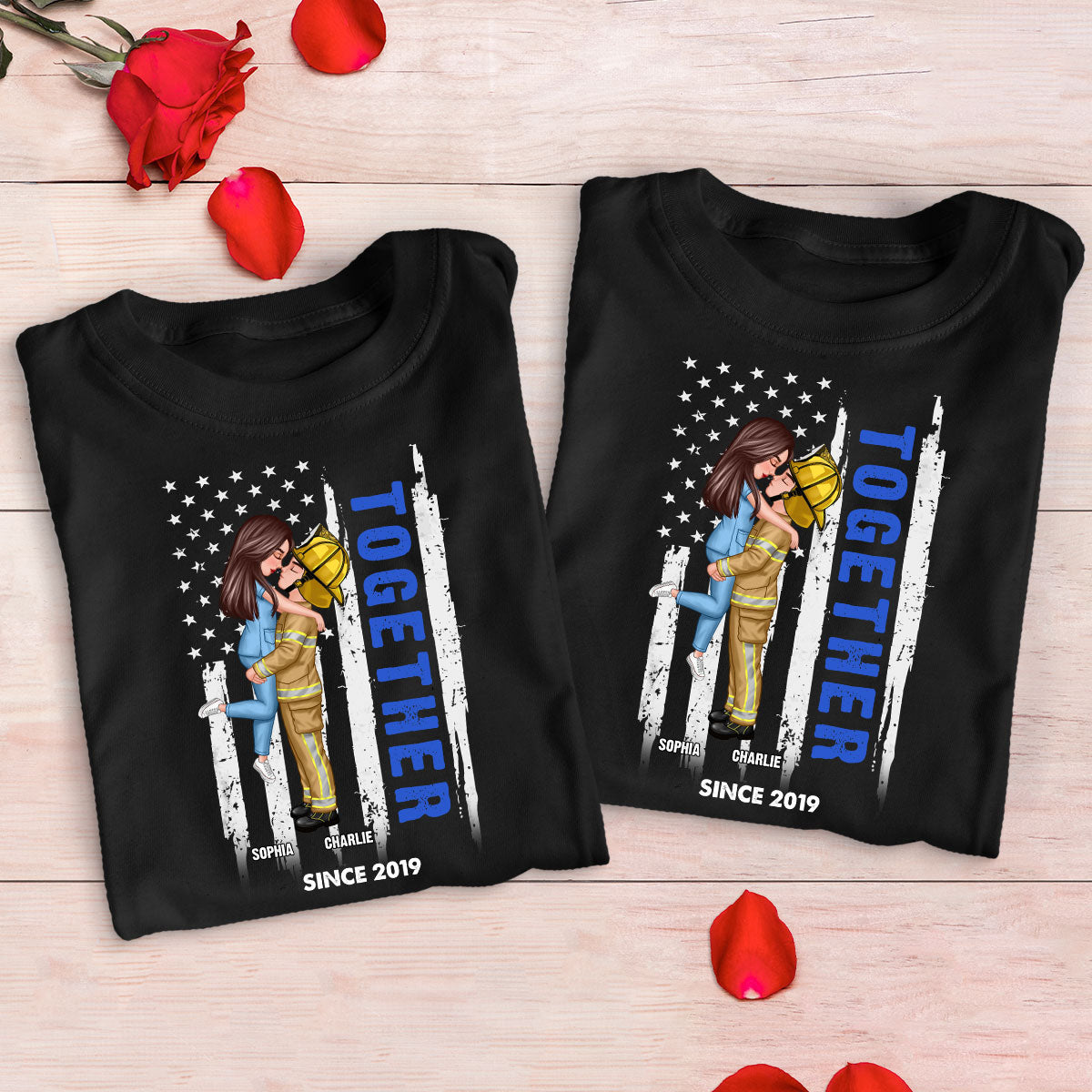 Hero Couple Together Since Flag Gifts by Occupation Gift For Her Gift For Him Firefighter, Nurse, Police Officer Personalized Matching Shirts