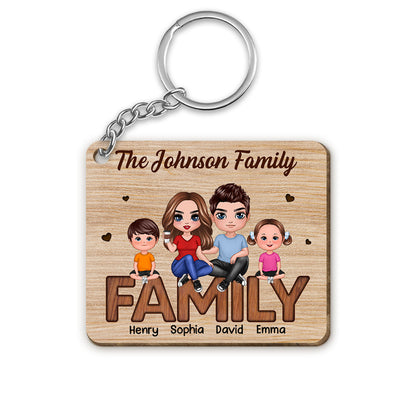 Doll Family Couple Kid Dog Cat Sitting On Text Personalized Wooden Keychain
