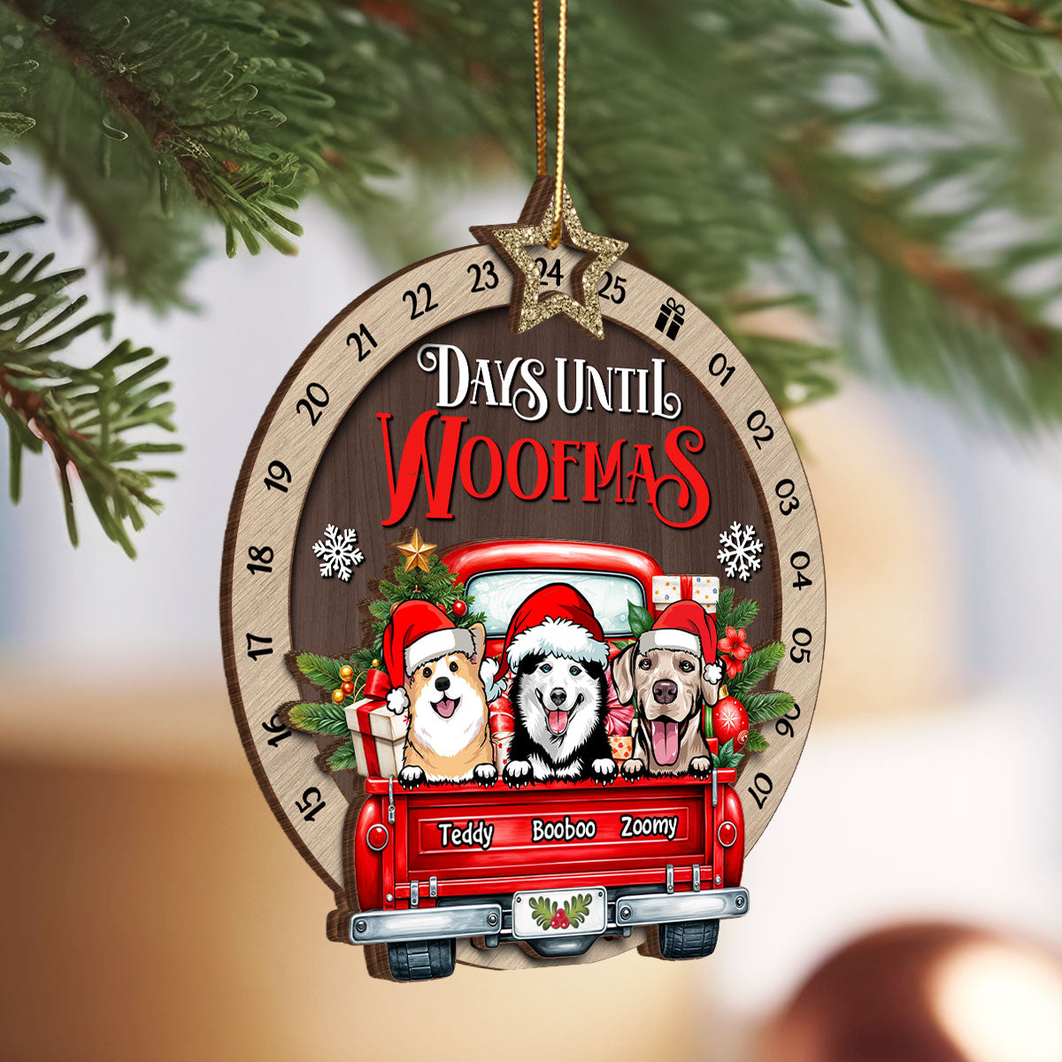 Days Until Woofmas Dogs On Truck Personalized Countdown Ornament, Christmas Gift For Dog Lovers