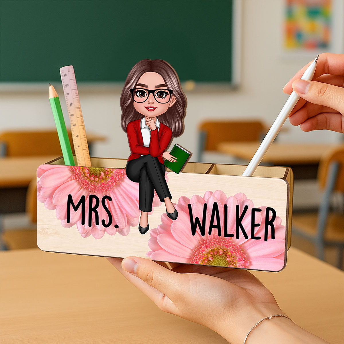 Teacher Daisy Flower Personalized Pencil Holder, 2-Layer Wooden Plaque, Back To School Gift, Classroom Decor