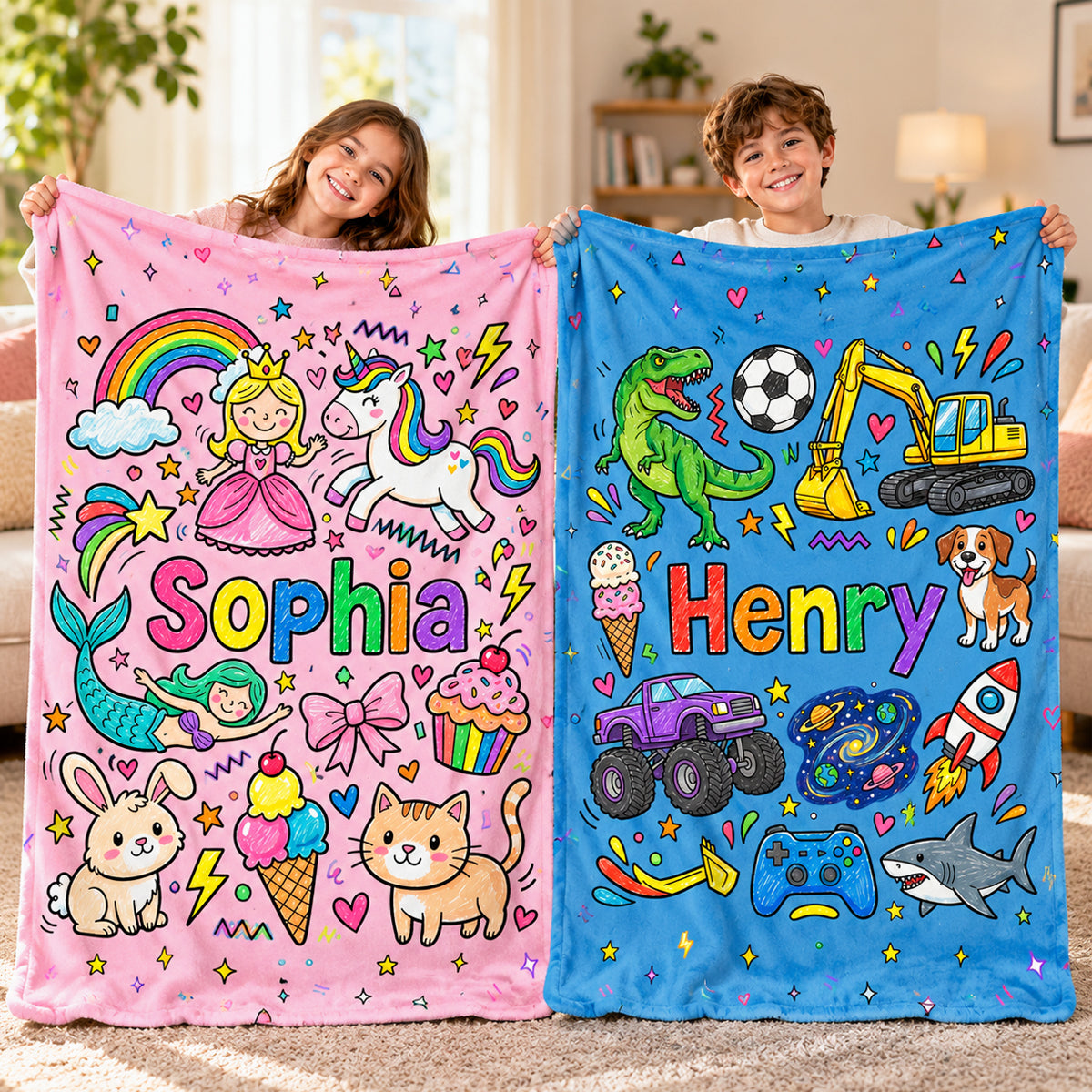 Kid's Favorite Things Custom Name - Personalized Fleece Blanket - Custom Name & Favorite Things Blanket for Kids