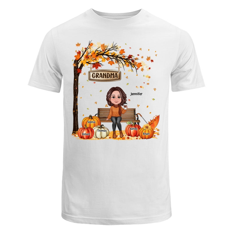 Grandma Mom Sitting On Bench Under Tree Fall Season Personalized Shirt