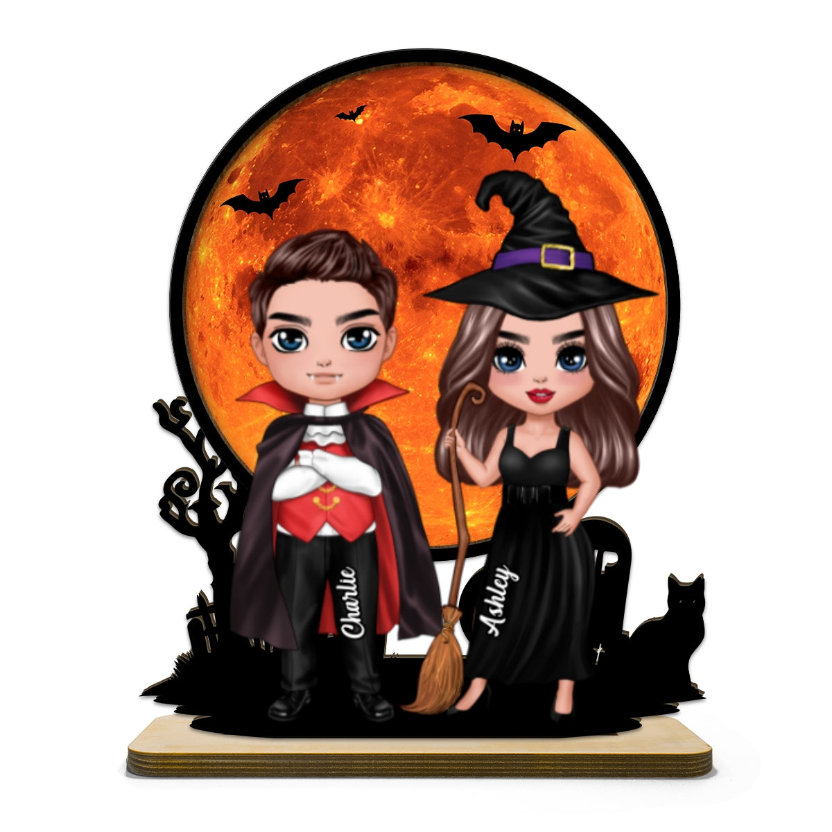 Couple Under Halloween Moon Tabletop Tier Tray Decor Personalized 2-Layer Standing Wooden Plaque