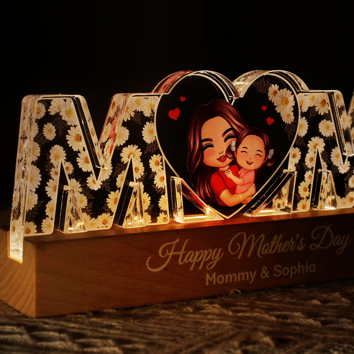 MOM Flowers Mom Hugging Kid Personalized LED Night Light, Gift For Mom