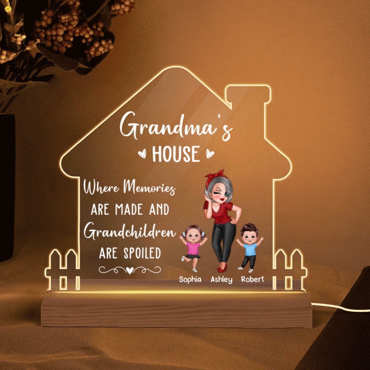Grandma‘s Home Spoiled Kids Sassy Girl Happy Kids Personalized Custom Shape Acrylic Plaque LED Night Light