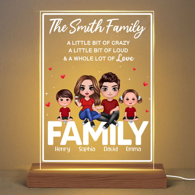 Doll Family Couple Dad Mom Kids Dogs Cats Sitting On Words Personalized Rectangle Acrylic Plaque LED Night Light
