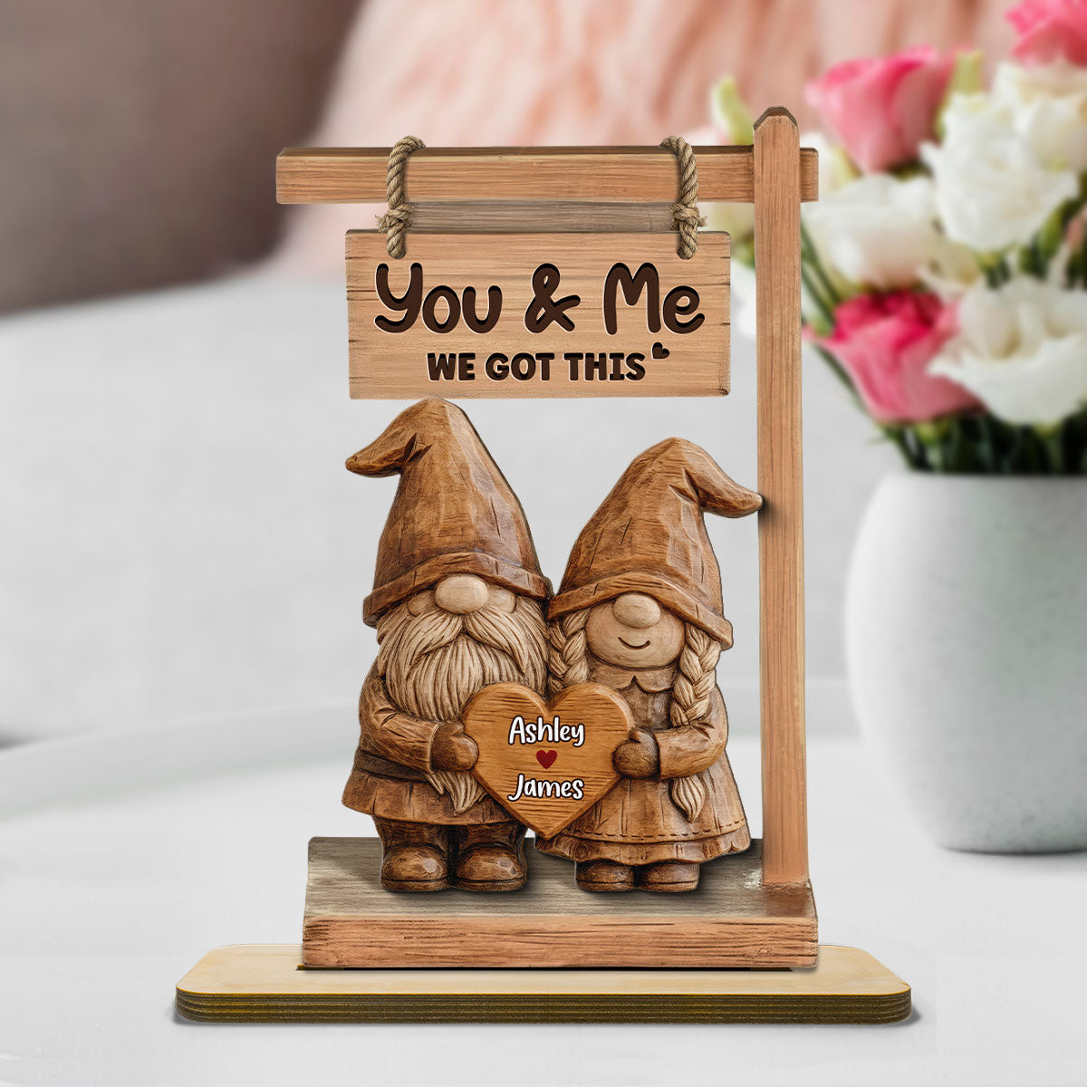 3D Effect Gnome Couple Standing - Personalized 2-Layered Wooden Plaque - Perfect Valentine's Day Gift For Him, Gift For Her