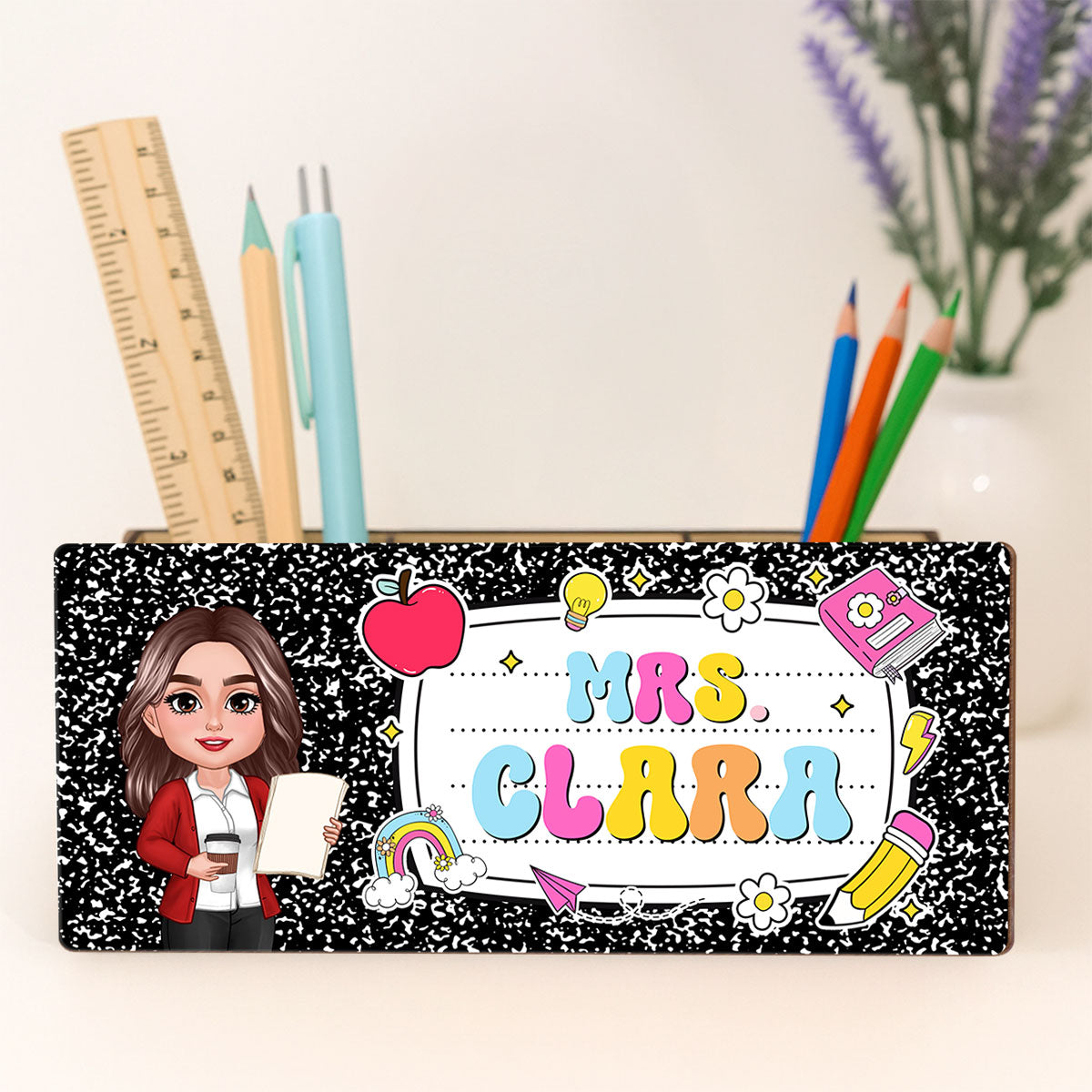 Teacher Composition Book Pattern Personalized Pencil Holder, Back To School Gift