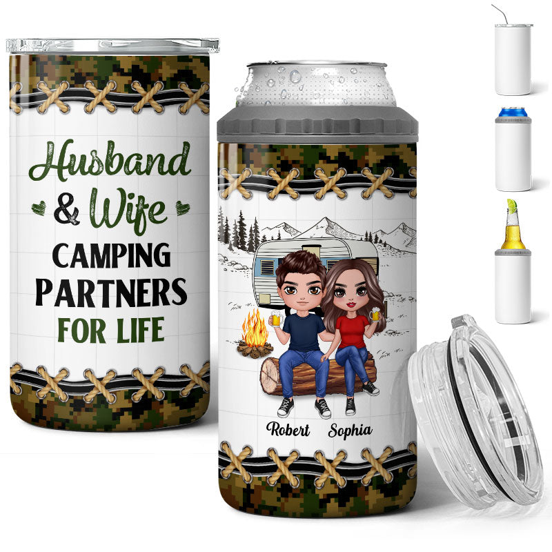 Doll Camping Couple On Wood Log Personalized 4 In 1 Can Cooler