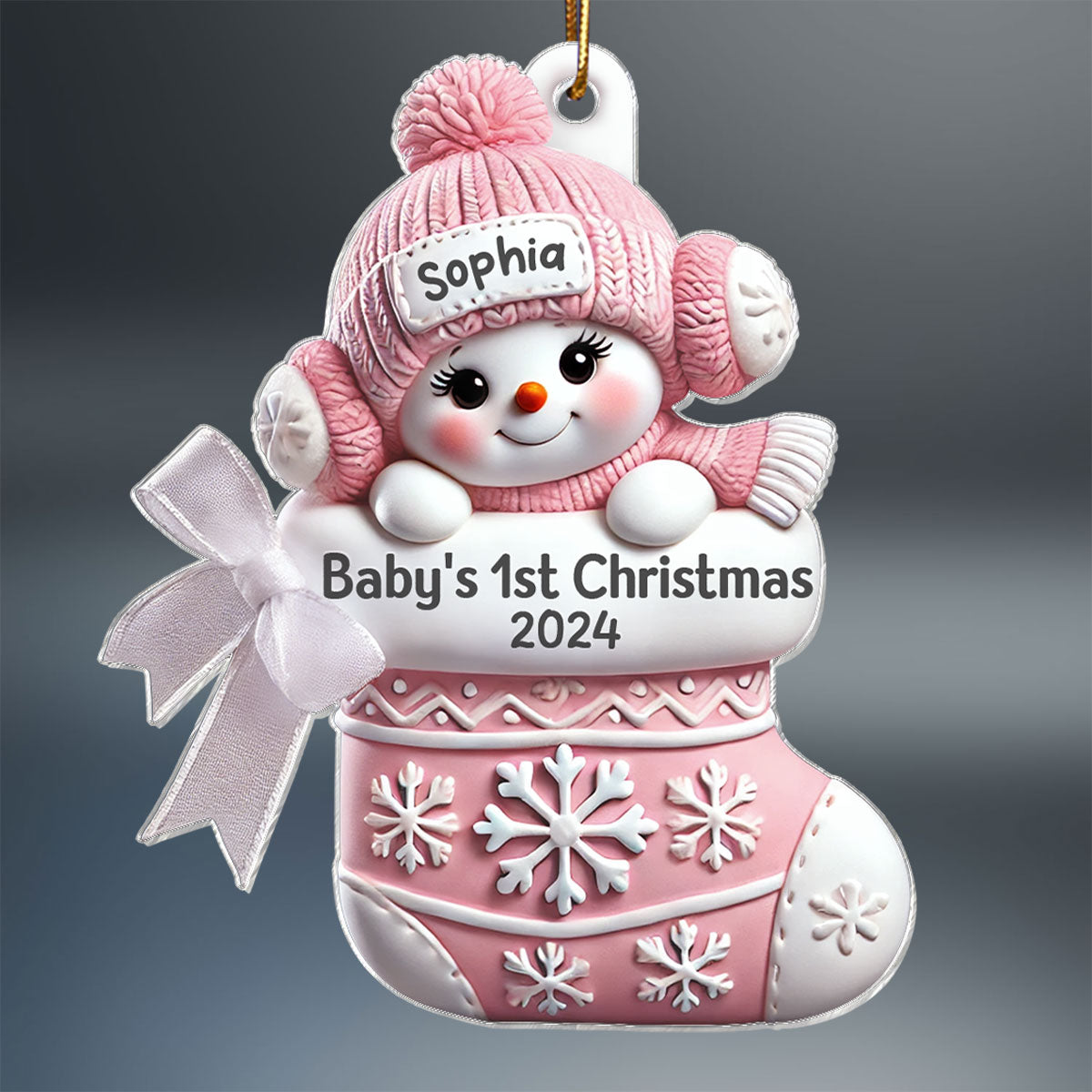 3D Effect Snowbaby On Stocking Baby's 1st Christmas Keepsake Personalized Acrylic Flat Ornament