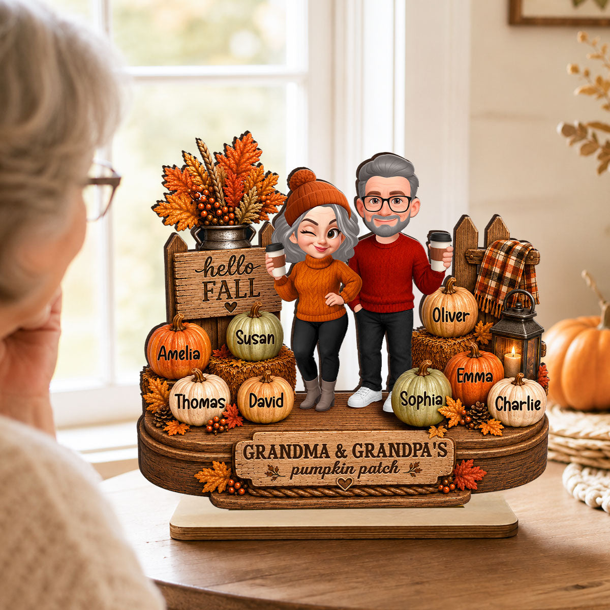 Hello Fall Grandparents' Pumpkin Patch - Personalized 2-Layered Wooden Plaque - Fall Gift, Thanksgiving, Grandparents Day Gift