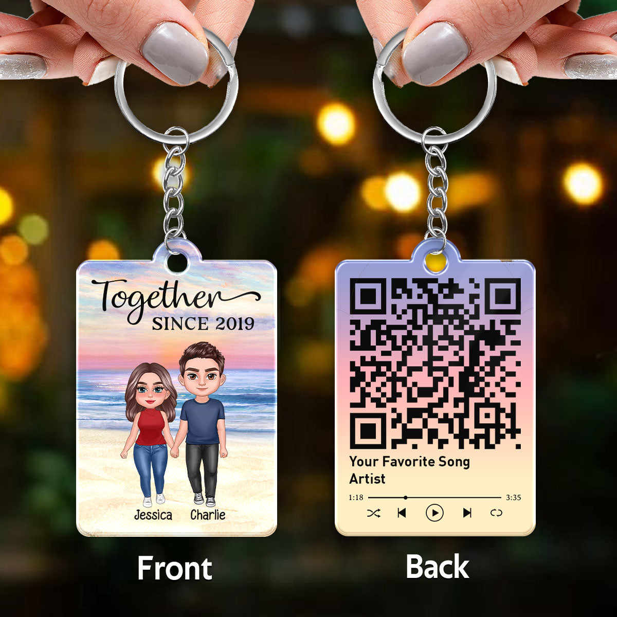 Doll Couple Standing At Beach Favorite Song Scannable QR Code Personalized Acrylic Keychain