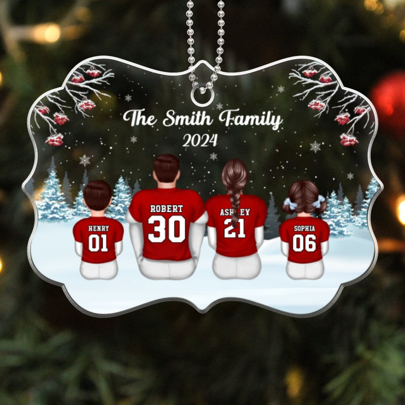 Football Family Sitting In Snow Personalized Acrylic Ornament, Christmas Gift