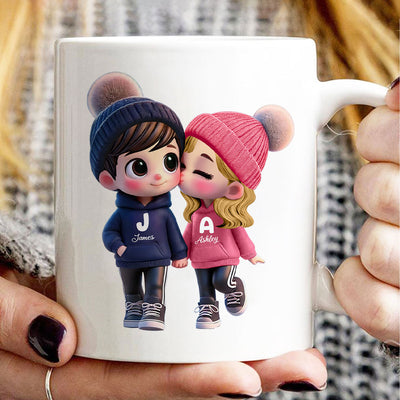 3D Effect Cute Cartoon Couple Walking Personalized Mug, Perfect Valentine'Day Gift for him, Gift for her