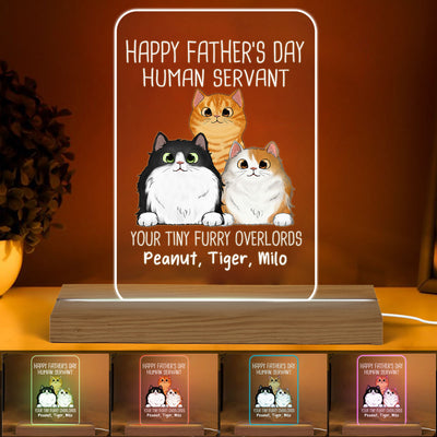 Happy Father‘s Day Human Servant Peeking Fluffy Cats Personalized Custom Shape Acrylic Plaque LED Night Light