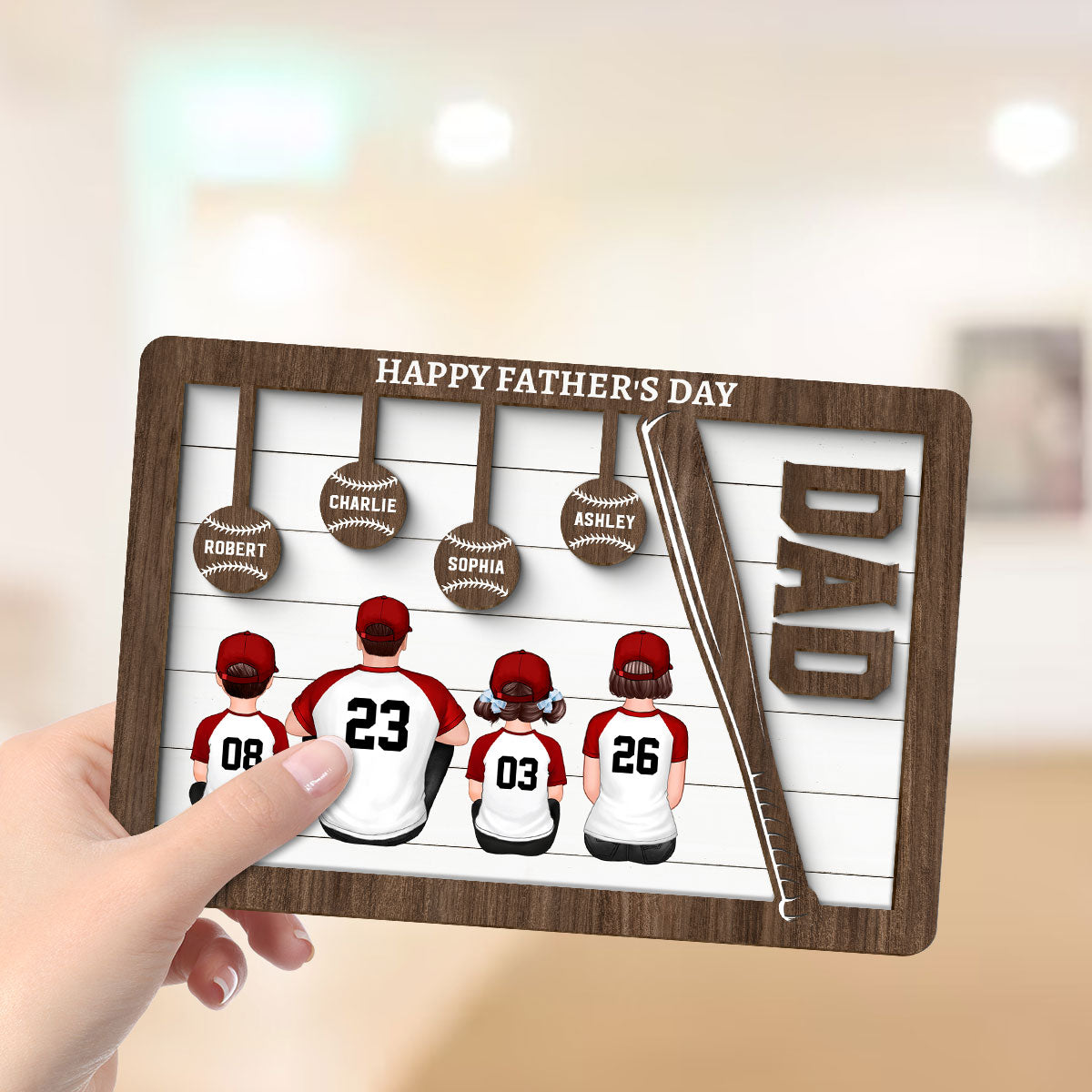 Baseball Dad And Kids Sitting Back View Personalized 2-Layer Wooden Plaque