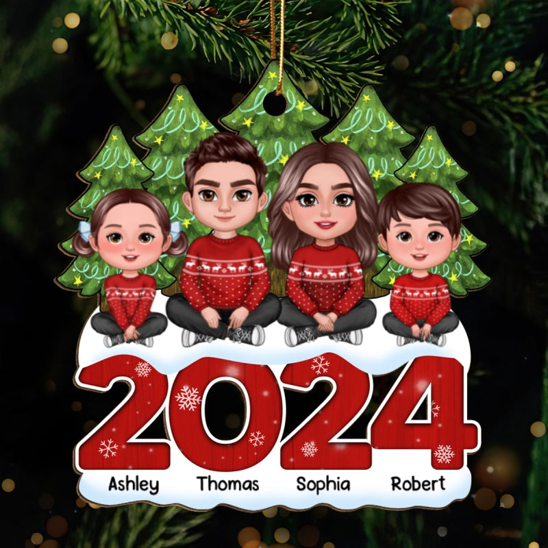 Family Sitting On 2024 Christmas Tree Line Personalized Wooden Ornament