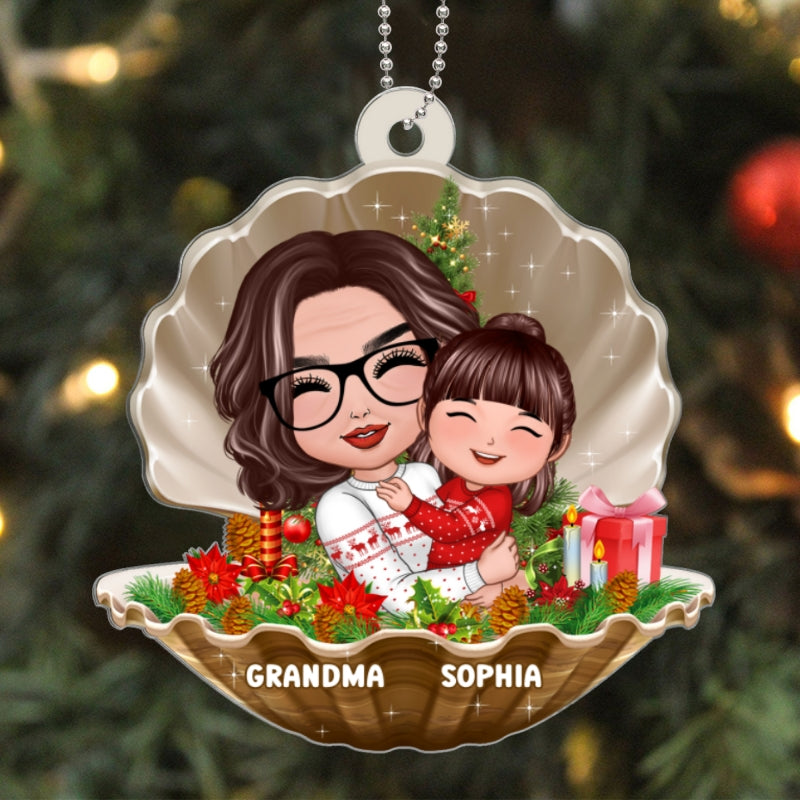 Doll Grandma Hugging Grandkid In Pearl Shell Christmas Gift For Granddaughter Grandson Personalized Acrylic Ornament