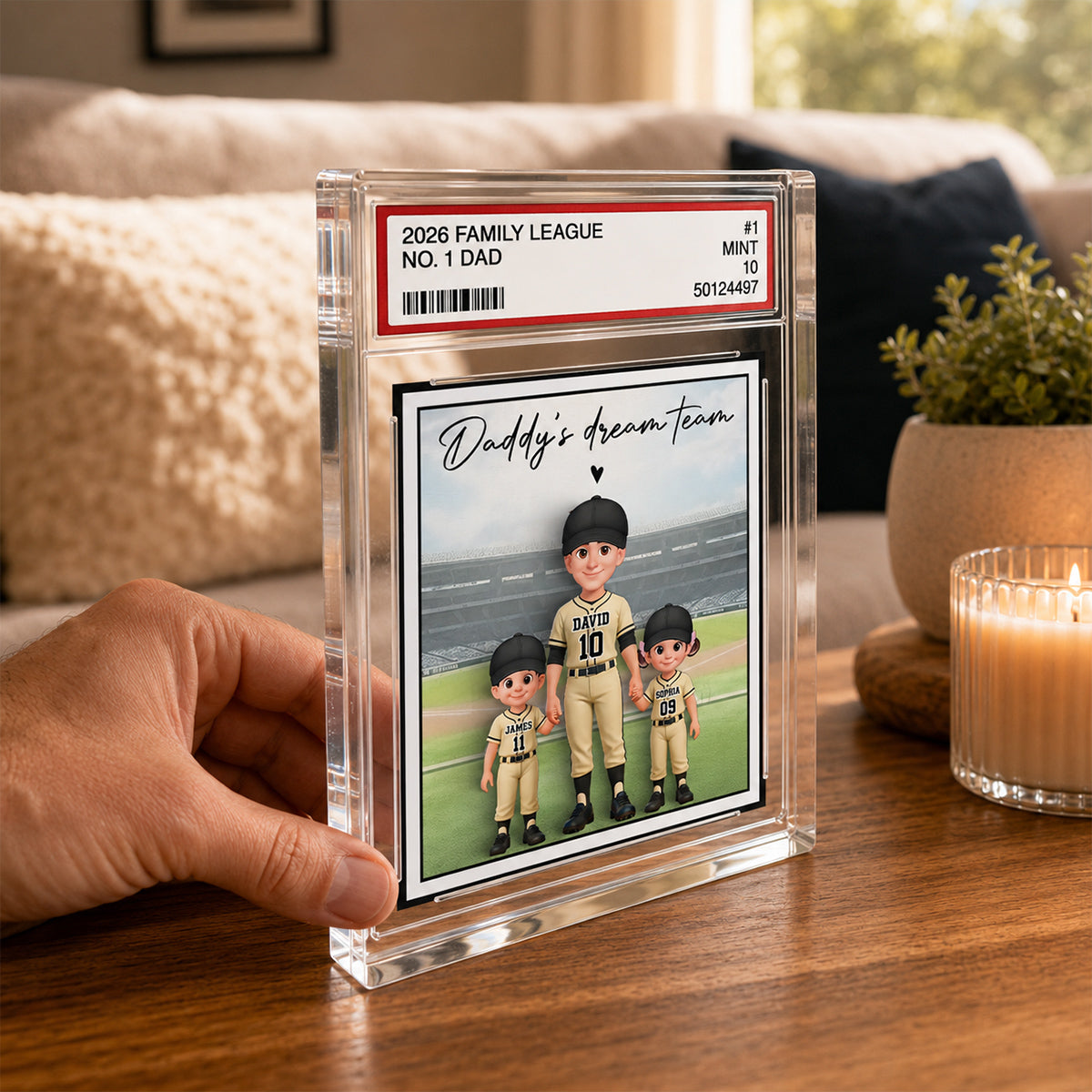 Baseball No. 1 Dad Man & Kids Standing On Court Trading Card Style - Personalized Acrylic Block Plaque - Father's Day Gift For Baseball Dad