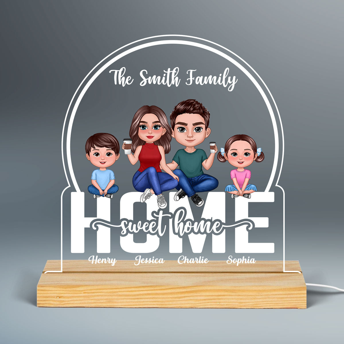 Home Sweet Home Family Couple & Kids Personalized Custom Shape Acrylic Plaque With Warm LED Night Light