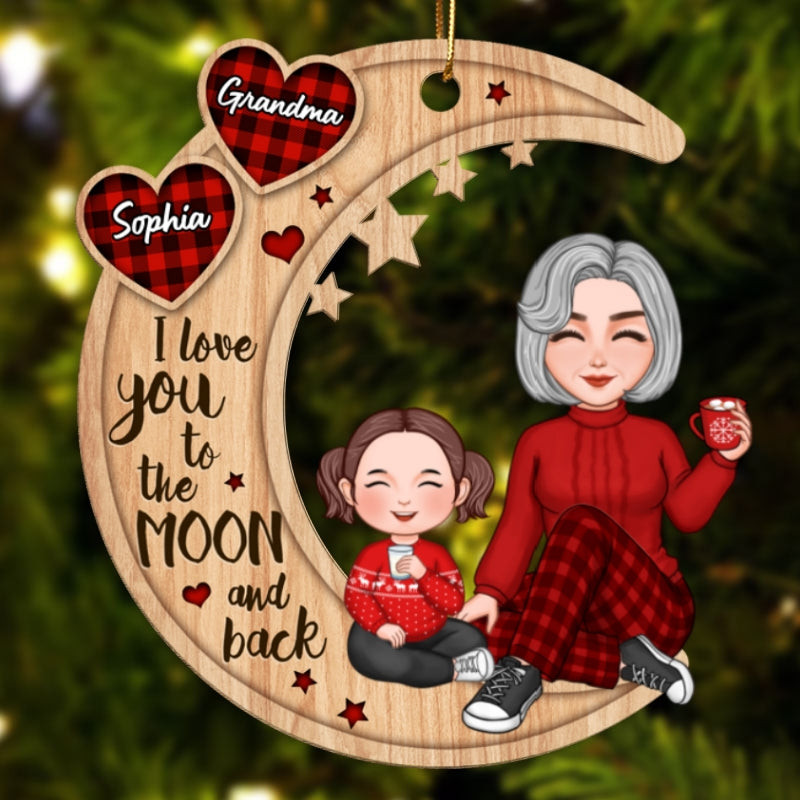 Checkered Pattern Heart Cute Grandma & Grandkid Sitting On Moon Personalized Wooden Ornament