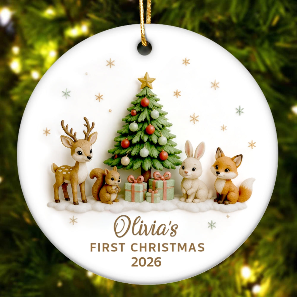 Baby’s First Christmas Tree & Woodland Animals 3D - Personalized Ceramic Ornament - New Baby Christmas Keepsake