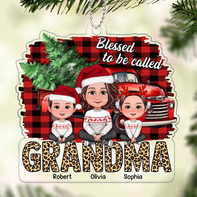 Grandma Grandkids Crossed Legs Leopard Text Checkered Pattern Background Personalized Acrylic Ornament