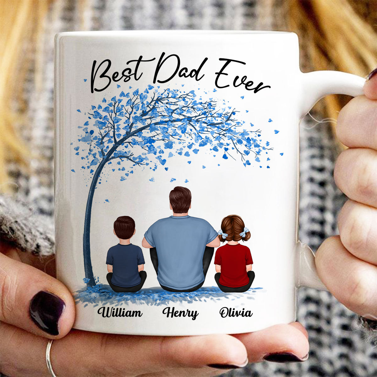 Blue Tree Best Dad Ever Back View Man Sitting With Kids Dogs Cats Father‘s Day Gift Personalized Mug