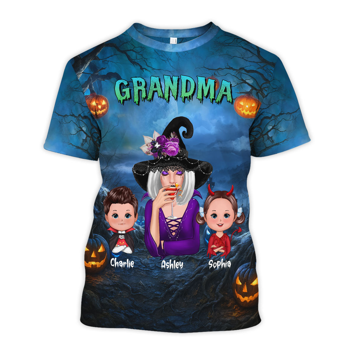 Cool Grandma Witch & Kids In Halloween Night Personalized Shirt, Halloween Costume for Grandma