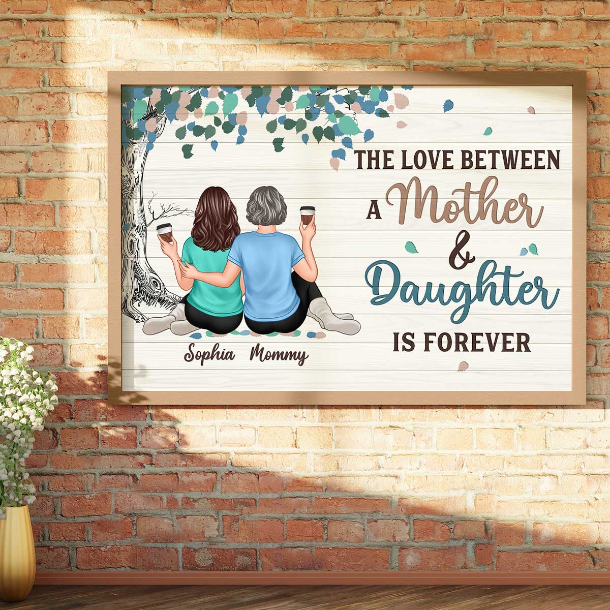 Mother Daughters Under Green Tree Personalized Horizontal Poster