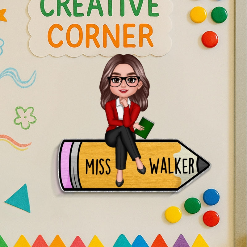 Teacher Sitting On Pencil Personalized Whiteboard Magnet, Classroom Decor