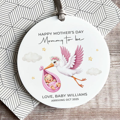 Cute Stork And Baby Mommy to be, Personalized Ceramic Ornament, Heartfelt First Gift for Pregnant Mom